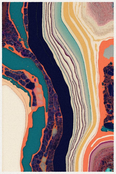 An abstract painting with swirling bands of orange, teal, navy, cream, and pink resembling geological strata or marbled paper.