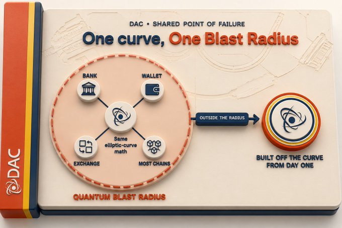 Infographic for DAC explaining 'One Curve, One Blast Radius' as a shared point of failure, showing how banks, wallets, exchanges, and most chains share elliptic-curve math, contrasted with DAC being 'BUILT OFF THE CURVE FROM DAY ONE.'