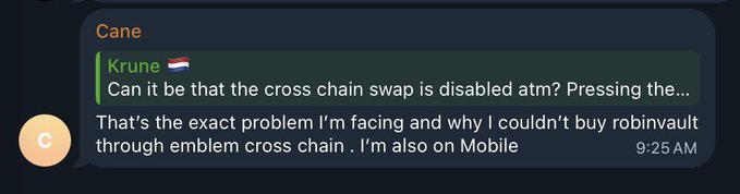 A Discord chat screenshot showing a message from user 'Cane' about Krune network, where they discuss problems with buying Robinvault through Emblem Cross Chain on Mobile.