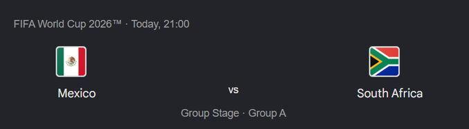 The image shows a scoreboard for the FIFA World Cup, with two teams' names displayed below the text "Group Stage Group A vs Group B". The first team's name is Mexico, while the second team's name is South Africa. The scoreboard displays the time of 21:00 and indicates that the game has been scheduled to start at this hour.