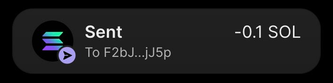 A transaction confirmation shows "-0.1 SOL" sent to address F2bJ...jJ5p on the Solana blockchain, corresponding to the post claiming $10 was sent as thanks for being active.