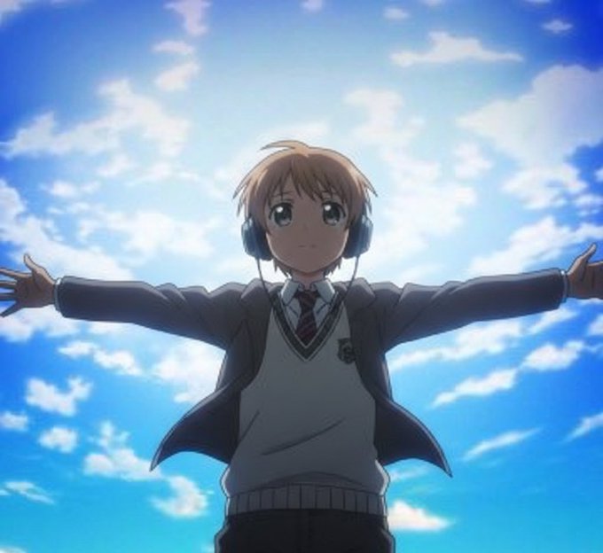 An anime character with headphones stands triumphantly with arms outstretched against a bright blue sky, embodying a "gm" (good morning) weekend victory pose. The uplifting scene mirrors the "what a week" sentiment, suggesting celebration and relief as a challenging week comes to a close.