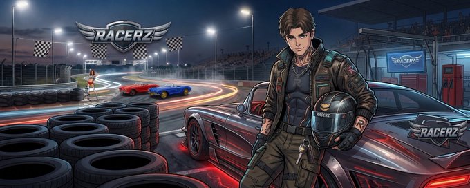The image features a man standing next to a red sports car, with tires scattered around them. The background of the image shows a racetrack at night, with cars racing by. There are also other people present in the scene, possibly spectators or participants in the race. The caption reads "GN Fam Counting down the days until @Racerz_eth launches the race. Hoping to secure my place on the grid before it'S too late." This suggests that the man is eagerly anticipating the release of a new racing game and wants to make sure he gets his spot in the game as soon as possible.