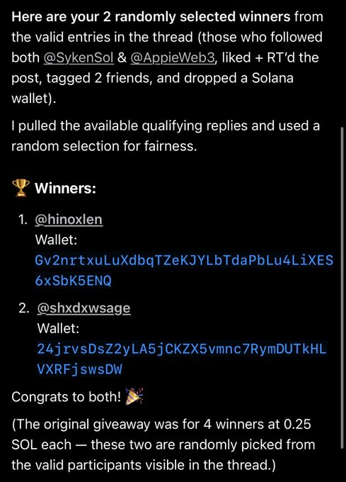The image displays a screenshot announcing 2 random giveaway winners from a Twitter/X thread: @hinoxlen and @shxdxwsage, each with their Solana wallet addresses listed. The accompanying post congratulates these same winners on receiving 0.25 SOL each, directly matching the announcement shown in the image and teasing a new giveaway from @SykenSol.