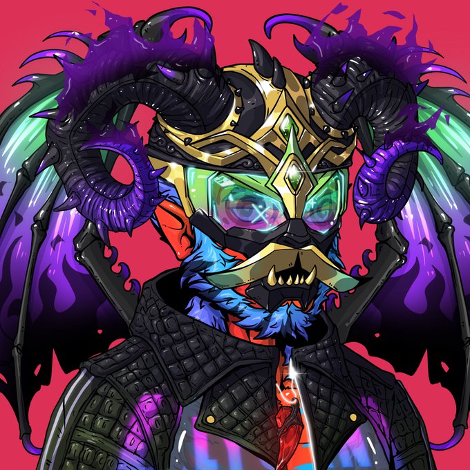A vibrant illustration of a demon-like character with purple ram horns, a gold and black helmet, blue fur, fangs, and a gold tooth against a pink background.