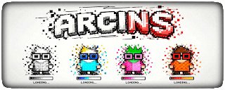 Pixel art banner titled 'ARCINS' displaying four colorful blocky robot characters labeled 'LONDON' beneath each one on a white background.