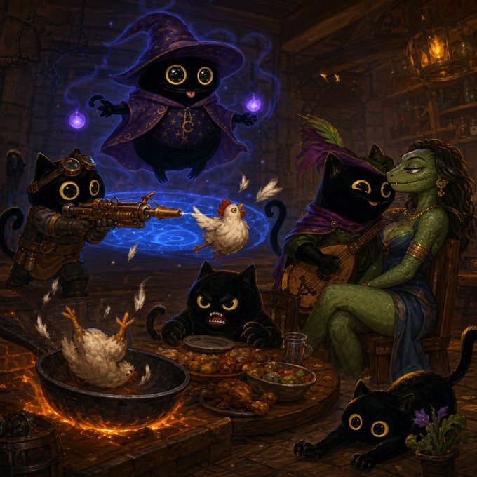 A whimsical fantasy illustration depicting black cats in various costumes (wizard, steampunk, pirate) interacting with a green-skinned woman playing a lute, alongside chickens and a cauldron in a rustic interior.