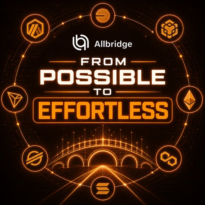 A promotional graphic for Allbridge with the slogan 'FROM POSSIBLE TO EFFORTLESS,' surrounded by logos of various blockchain networks in an orange neon aesthetic.