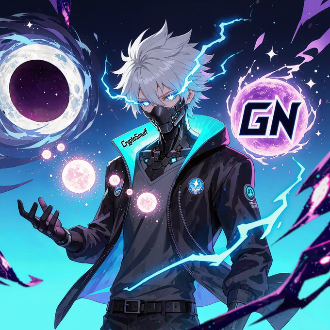A cyberpunk-style anime illustration of a white-haired character with a mechanical face mask, surrounded by blue lightning and cosmic elements with a 'GN' logo.