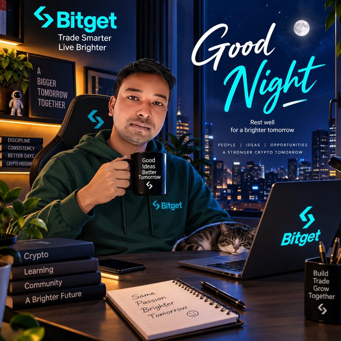 A Bitget promotional image showing a man holding a 'Good Ideas Better Tomorrow' mug with a cat on a desk, featuring the text 'Trade Smarter Live Brighter' and 'Good Night'.