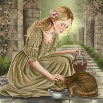 An illustration of a young woman in a vintage green dress kneeling on a stone path, petting a brown cat and holding a basket in a garden setting.