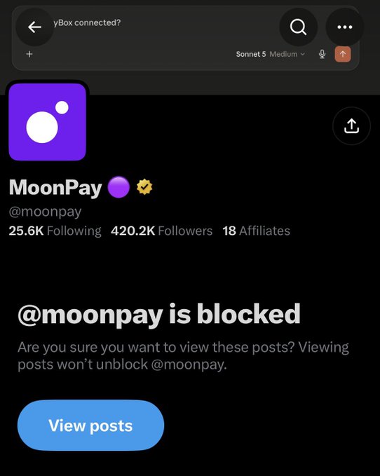 A screenshot of a social media profile for 'MoonPay' (@moonpay) showing 420.2K followers, with a notice stating '@moonpay is blocked' and a 'View posts' button.
