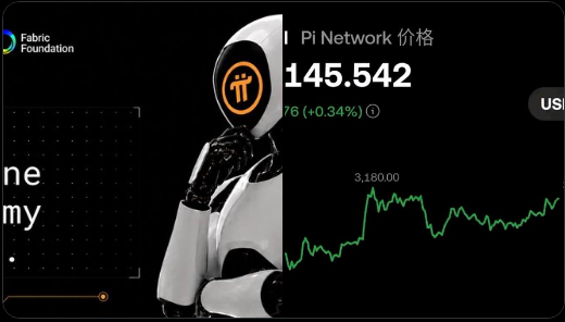 A digital illustration of a white and black humanoid robot with an orange logo on its face, displayed alongside a cryptocurrency price chart for 'Pi Network' showing a price of '145.542' with a +0.34% change.