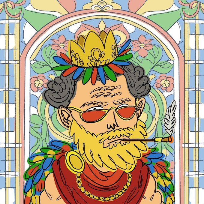 A regal cartoon king with a golden crown, yellow beard, red sunglasses, and a cigarette lounges inside a stained-glass window frame adorned with flowers. The image aligns with the post's NFT teaser, offering a colorful "sneak peek" preview that fits the minting reveal and collaborative drop announcement.