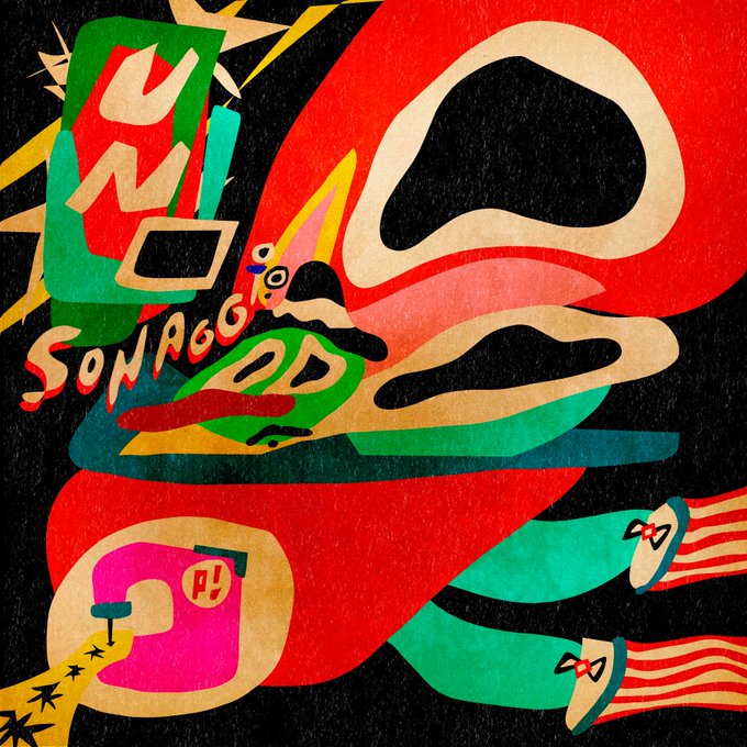 A vibrant, colorful abstract illustration with bold red, green, and yellow shapes featuring stylized legs with striped socks and shoes.