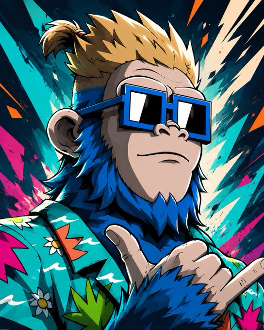 A digital illustration depicts a stylized ape-like character with blue fur, blonde hair, and blue square sunglasses against a vibrant, colorful background.
