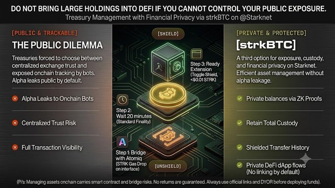 A promotional graphic titled 'DO NOT BRING LARGE HOLDINGS INTO DEFI IF YOU CANNOT CONTROL YOUR PUBLIC EXPOSURE', contrasting 'THE PUBLIC DILEMMA' with the benefits of '[strkBTC]' on @Starknet for privacy.