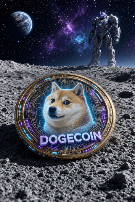 A futuristic digital artwork of a Dogecoin coin featuring the Shiba Inu dog on a lunar surface, with Earth and a giant robot visible in the starry background.