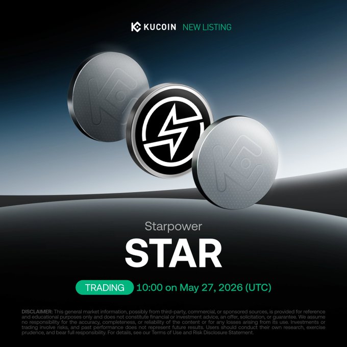 The image features three coins floating in mid-air against a blue background. The text "StarPower" is written above them, while the words "New Listing" are below. Below this, there's a description of the coins that reads "Three coins floating in mid air". The post also mentions an event called "Trading", which takes place on May 27th and 26th at 10:00 am (noon).