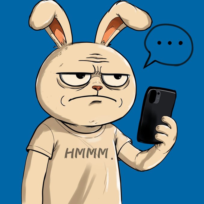 An illustration of an annoyed-looking anthropomorphic rabbit wearing a shirt reading "HMMM.," holding a black smartphone with an ellipsis speech bubble against a blue background.