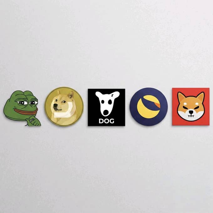 A row of five popular memecoin icons displayed horizontally against a gray background, featuring Pepe the Frog, Dogecoin (D), DOG, Terra Luna Classic (LUNA), and Shiba Inu (SHIB).

The image showcases major memecoins as a visual reference grid, likely used to invite others to recommend which of these (or another) memecoin could reach a $20 billion+ market cap.