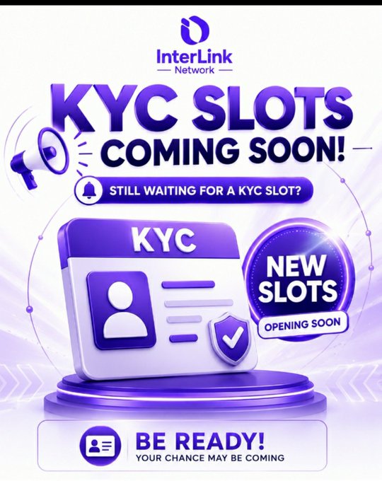 A promotional graphic for 'InterLink Network' announcing 'KYC SLOTS COMING SOON!' and 'NEW SLOTS OPENING SOON' in purple text with a megaphone and ID card graphic.