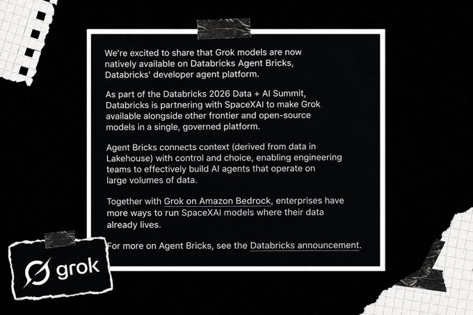 The image shows a black background with white text that reads "Another big distribution move for Grok it is now available on Databricks why this matters: closer to enterprise data easier AI agent deployment more developer reach distribution is becoming the moat first Amazon Bedrock now Databricks grok is quietly expanding across the". The post seems to be discussing the release of a new tool or feature that can help with data management and AI development.