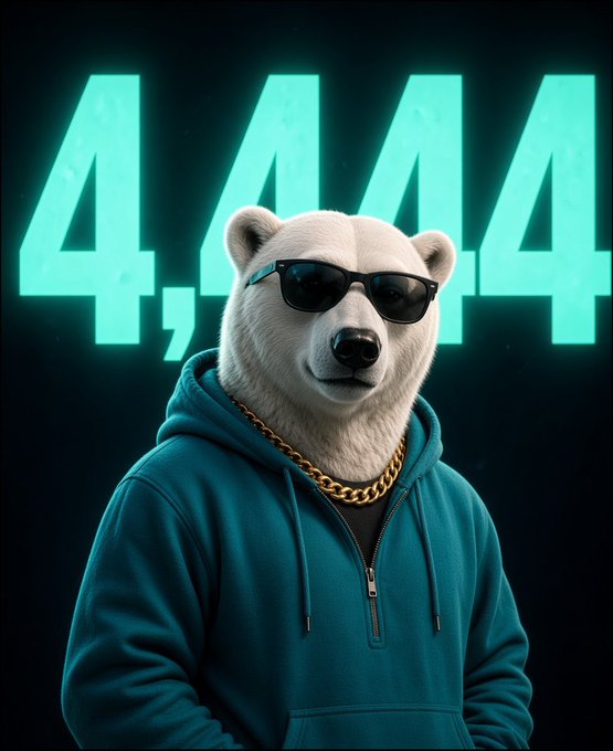 A stylized digital illustration features a white polar bear wearing sunglasses, a gold chain, and a teal hoodie, with '4,44' displayed in glowing teal numbers behind it.
