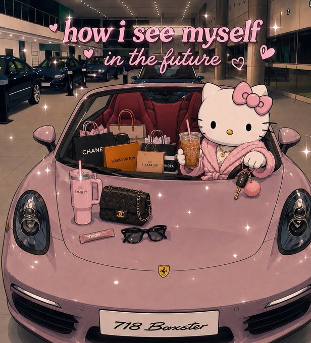 A pink Porsche 718 Boxster filled with luxury shopping bags (Chanel, Louis Vuitton, Coach, Prada) and iced coffee tumblers, driven by a pink-clad Hello Kitty character, illustrates the post's ironic take—juxtaposing the extravagant "main character" fantasy of shopping, designer goods, and Starbucks runs with the carefree simplicity of being a "degen."

Visible text: "how i see myself in the future," "718 Boxster," and brand names including CHANE(L), LOUIS VUITTON, COACH, PRADA, and STANLEY.