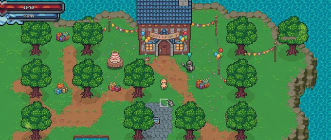 The image shows an online browser game called Mena World with a colorful landscape featuring a house surrounded by trees, some of which appear to be part of a garden filled with balloons and presents scattered throughout. The surrounding text from the photo reads "The easiest way I'd describe MENA? It's trying to bring back the feeling that made MMORPGs addictive at first. Instead of just holding a token and hoping the chart goes up, you get access to Mena World; a browser based MMORPG on Solana where your progress comes from playing". This text emphasizes how mena world is different from other typical MMORPGs by offering an interactive gaming experience through real-time progress updates as opposed to simple token economies.