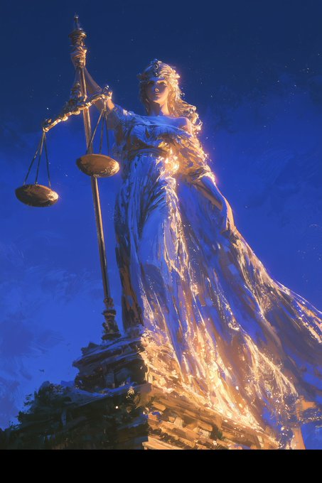 A digital painting of a statue of Lady Justice holding her scales, illuminated by warm golden light against a deep blue night sky.