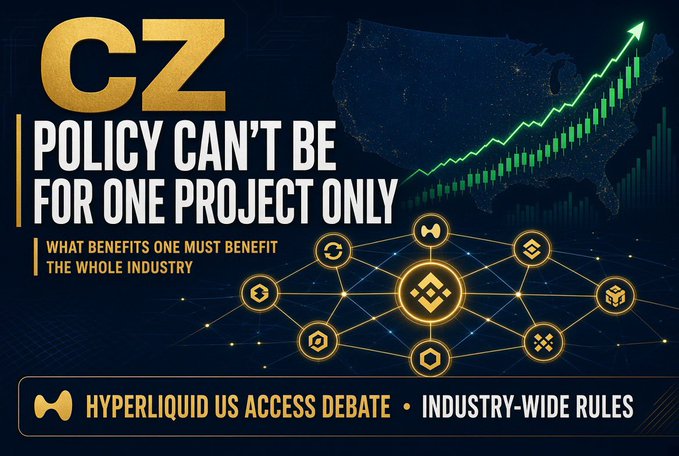 The image is a graphic featuring "CZ" (Changpeng Zhao) with a quote in English stating "POLICY CAN'T BE FOR ONE PROJECT ONLY — WHAT BENEFITS ONE MUST BENEFIT THE WHOLE INDUSTRY," alongside a stylized U.S. map with a rising green arrow, cryptocurrency icons, and a banner reading "HYPERLIQUID US ACCESS DEBATE • INDUSTRY-WIDE RULES." It visually reinforces the accompanying post's message, where CZ argues that regulatory policies favoring Hyperliquid's U.S. access must apply industry-wide rather than singling out one project.