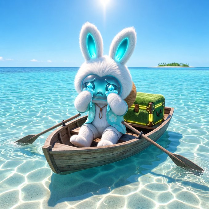 A 3D-rendered illustration of a white, fluffy bunny character with large blue eyes crying, sitting in a wooden rowboat on turquoise water next to a green suitcase.
