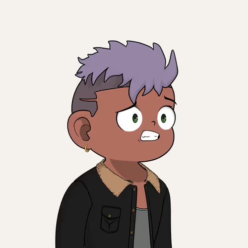 A digital illustration of a young person with short purple-tipped hair, green eyes, and an earring, wearing a black jacket with a fur collar.