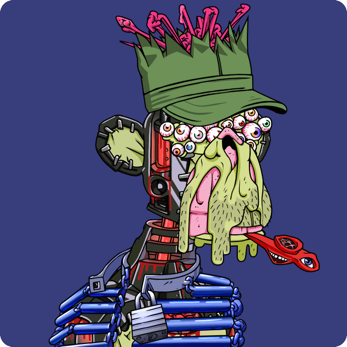A mutant character with a green military cap, many bloodshot eyes, and a long tongue holds a red tool, with a pink creature emerging from its head.