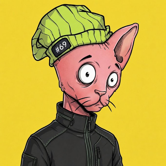 An illustrated pink Sphynx cat character wearing a green beanie with '#69' on it and a black zip-up jacket, set against a yellow background.