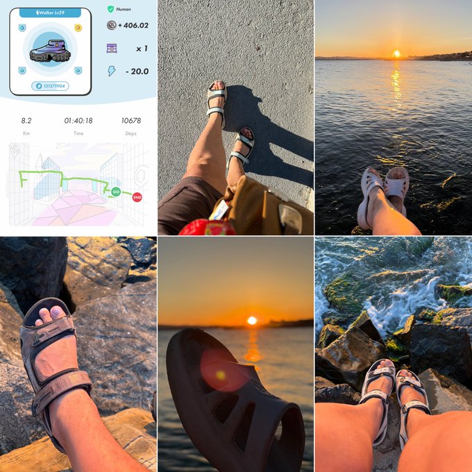 A six-panel collage documenting a walk with Teva sandals, featuring fitness app stats (8.2 km, 1:40:18, 10678 steps), feet in sandals on pavement and by the sea at sunset, and rocky coastal scenery.
