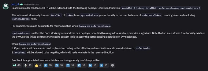 A Discord screenshot by jeff.xyz dated 4/19/2026 details a deployer-controlled HIP-1 function `scaleWei(token, totalWei, referenceToken, systemAddress)` that proportionally transfers token balances during redenomination, with examples showing how orders are canceled and scaled to a2decimals when token equals referenceToken.