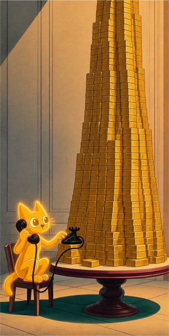 A glowing cat operates machinery beside a towering stack of gold bars, visually suggesting the “technology is good as gold” theme and the ticker “$cets.”