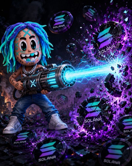 The image features a cartoon character with blue hair holding a gun that shoots out blue sparks. The character appears to be in a battle scene, surrounded by purple explosions. The background of the image is black, which contrasts with the vibrant colors of the character's hair and the gun. In the bottom right corner of the image, there are purple circles labeled "Solana" scattered around the scene.