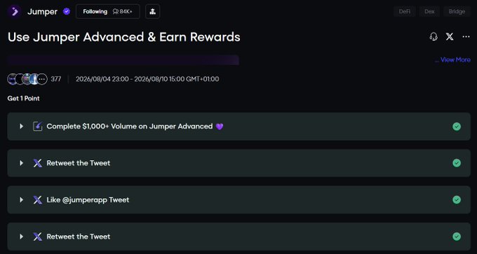 The image shows a Jumper rewards campaign page where users can "Use Jumper Advanced & Earn Rewards," featuring a "Get 1 Point" section with tasks including completing $1,000+ volume on Jumper Advanced, retweeting a tweet, liking @jumperapp's tweet, and retweeting another tweet. This aligns with the post about completing the Jumper Advanced mission for a chance to win prizes like 4x MacBook Neos, 50x SafePal X1 Wallets, 1x SuiPlay Console, and $500 USDC by completing $1,000+ in swap/bridge volume.