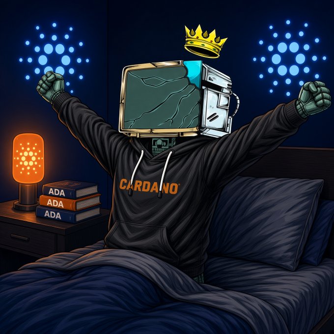 A digital illustration of a figure wearing a black hoodie with "CARDANO" written in orange letters, featuring a retro computer monitor for a head topped with a golden crown, sitting on a bed with books labeled "ADA" nearby.