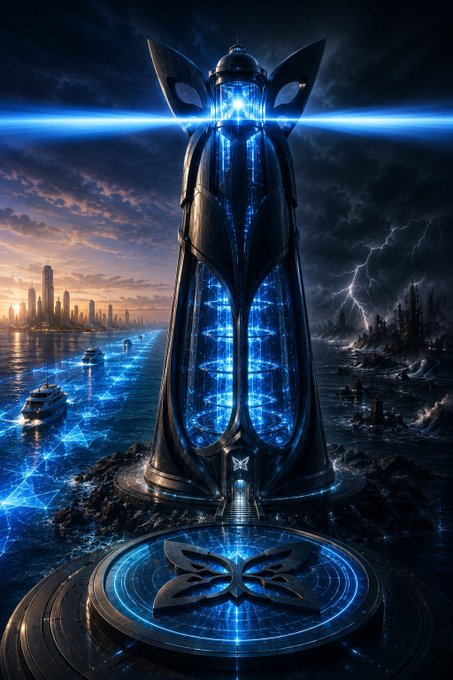 A sci-fi digital artwork of a tall, futuristic tower emitting bright blue horizontal beams of light, set against a stormy ocean backdrop with a distant city skyline.