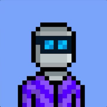 A pixel art character with a gray helmet featuring blue digital eyes wears a purple outfit, set against a solid blue background.