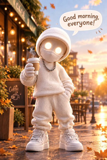 A 3D-rendered character in a fuzzy white hoodie and mask with glowing eyes, holding a steaming cup of coffee and saying "Good morning, everyone!" in an autumn café setting.
