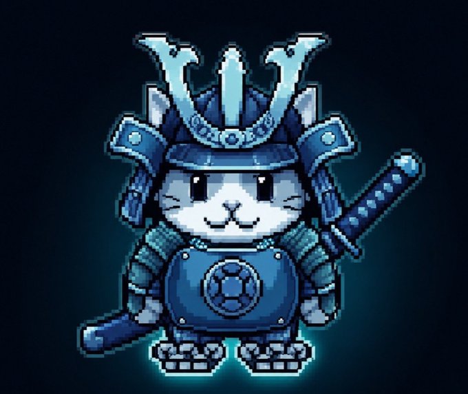 A pixel art illustration of a smiling cat wearing blue samurai armor and a helmet with a trident crest, holding a katana.