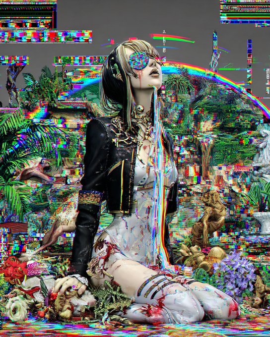 A glitch art illustration of a kneeling anime-style girl with blonde hair and a VR headset, bleeding from her eyes with chromatic aberration and pixelated artifacts overlaying a garden scene.