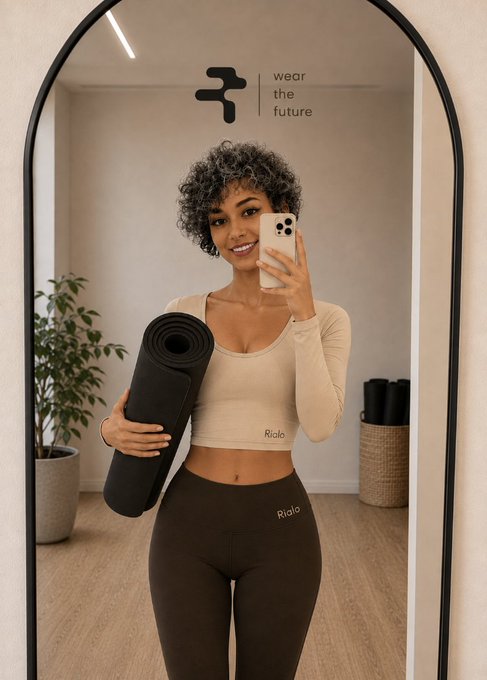 A woman with short curly hair takes a mirror selfie holding a rolled-up yoga mat, wearing a beige 'Riala' sports bra and olive green leggings, with a 'wear the future' logo visible in the reflection.