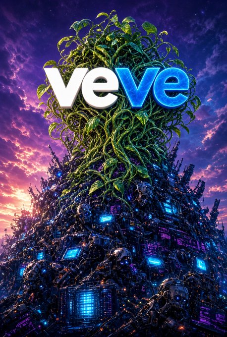 A digital artwork showing the 'veve' logo prominently displayed against a futuristic, dystopian landscape with a large plant-covered structure rising from a pile of debris and glowing screens.
