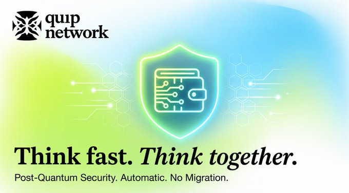 A promotional graphic for 'quip network' featuring a neon shield and circuit design with the tagline 'Think fast. Think together. Post-Quantum Security. Automatic. No Migration.'